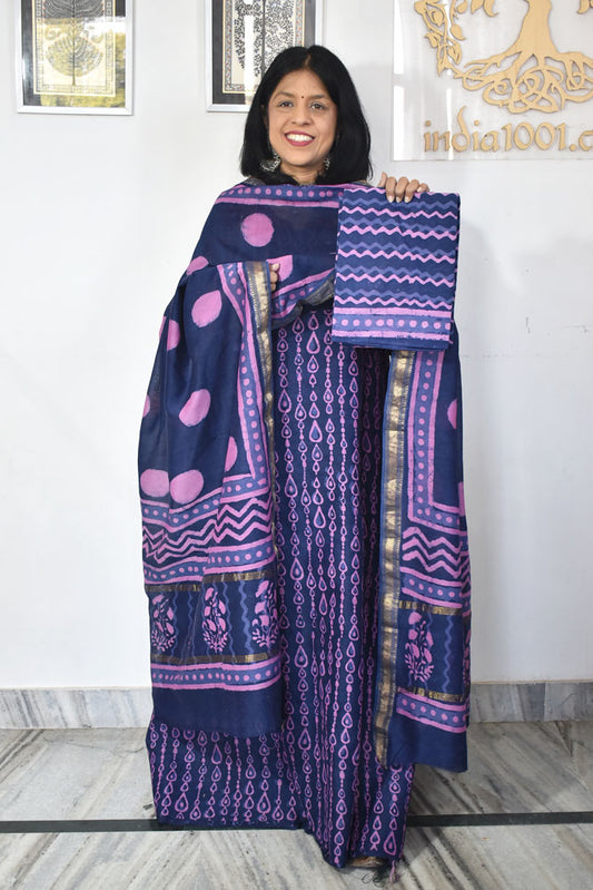 Beautiful Jahota Hand Block Printed Maheshwari Silk Cotton set with Bottom