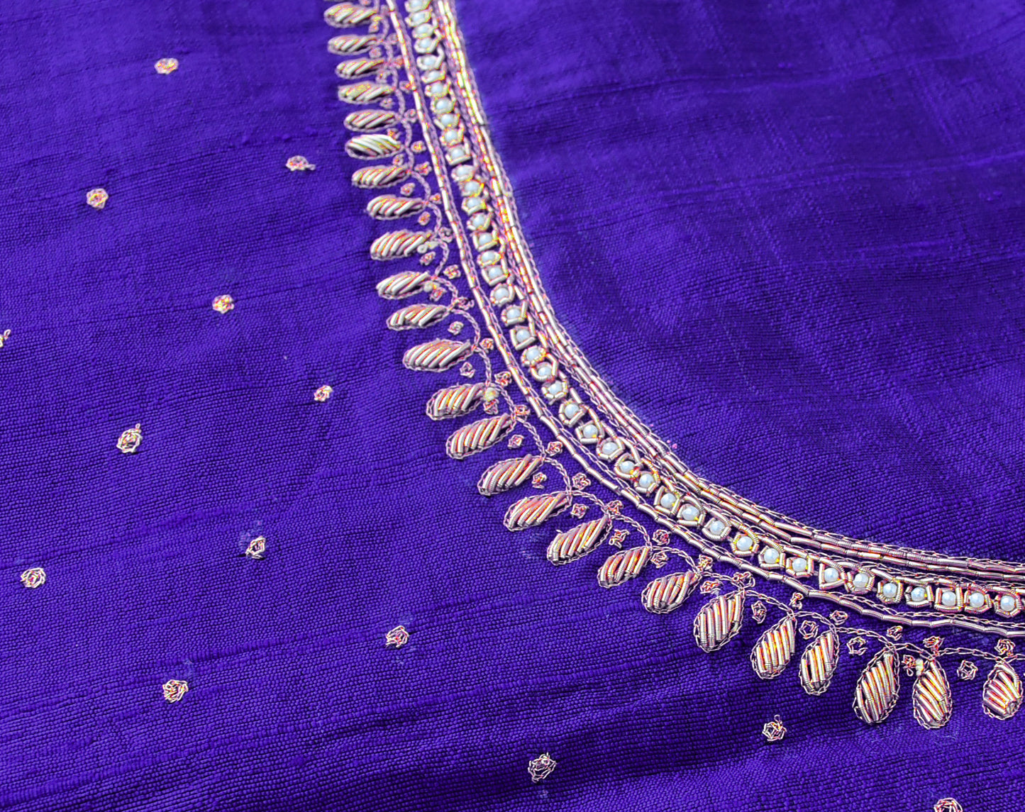 Intricate & Detailed Hand Zardozi, Dabka, Aari , Pearl & Sequin work Blouse Fabric on Pure Raw Silk Fabric