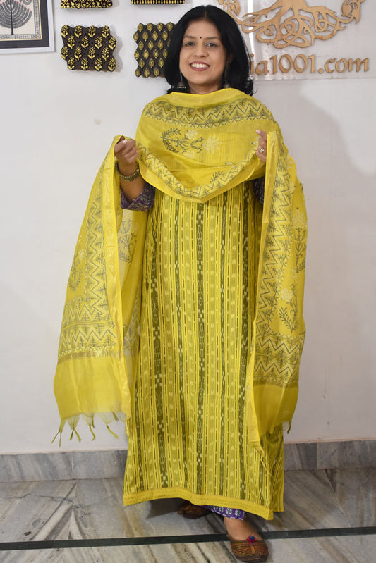 Handwoven Sambalpuri ikkat Cotton kurta with Chanderi Dupatta & Cotton Bottom - 3 pc set