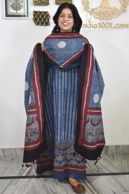 Block Print Ajrakh Cotton Suit with designer Ajrakh neck yoke /panel & Dupatta