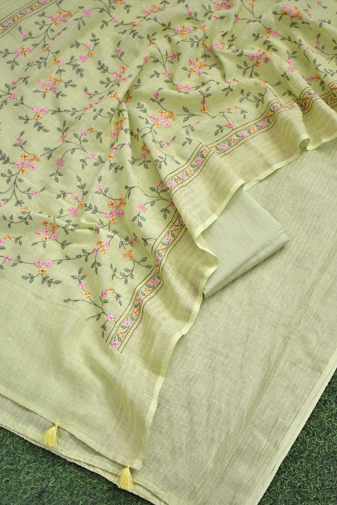 Beautiful Pure Linen suit with intricate embroidery on the kurta & dupatta and cotton silk bottom