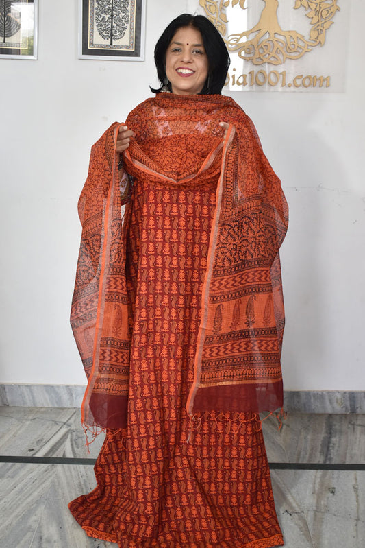 Classic Bagh Block Printed unstitched suit fabric with Kota Doria dupatta