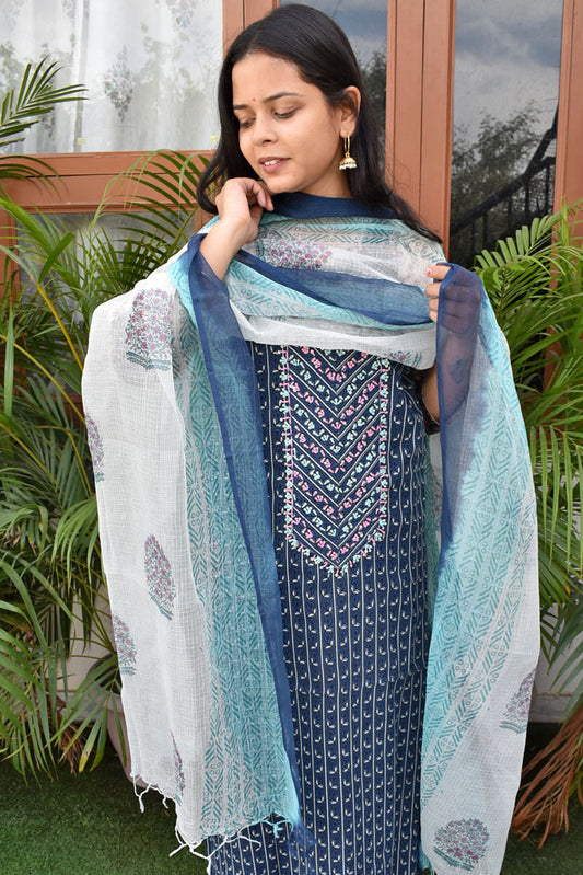 Premium Cotton Unstitched Suit with Neck patch, Intricate Hand Embroidery & Block print Kota dupatta