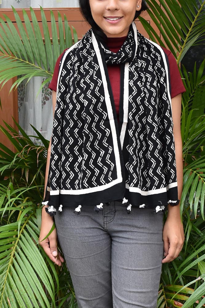 Elegant Hand block printed Cotton stole with cloth tassels