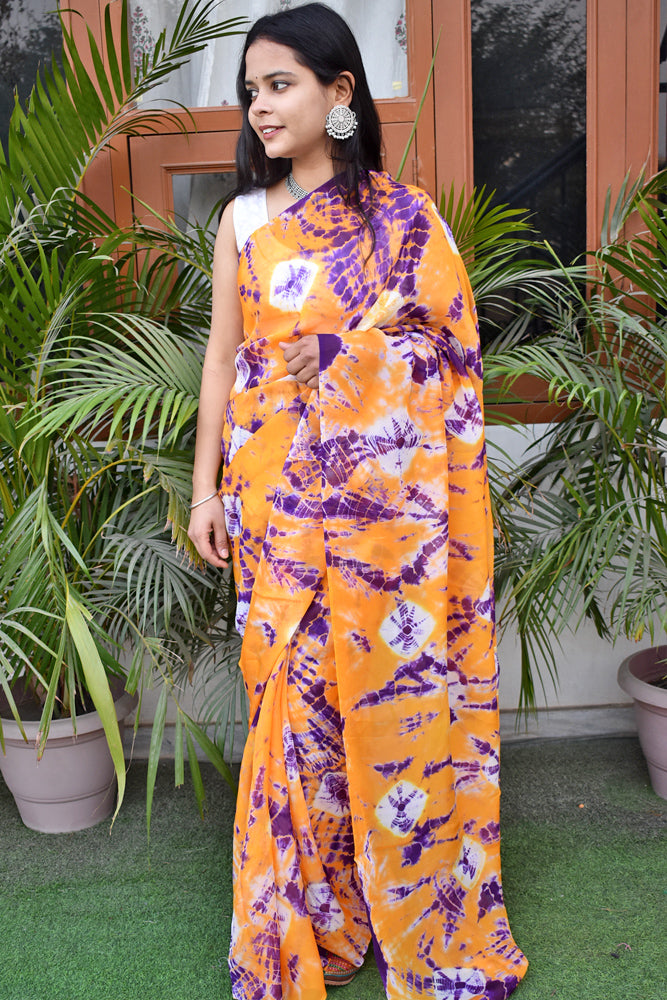 Semi Organza Saree with Hand Tie Dye work