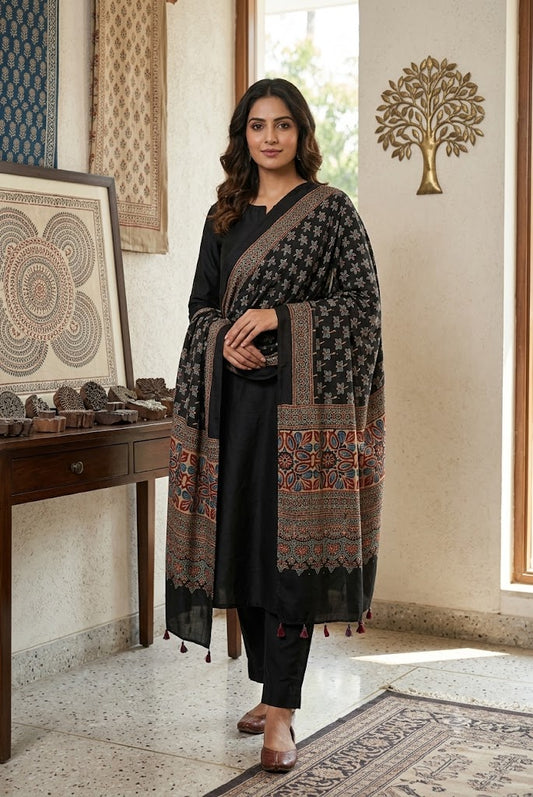 Beautiful Hand Block Printed Ajrakh Modal Silk stole with Tassels