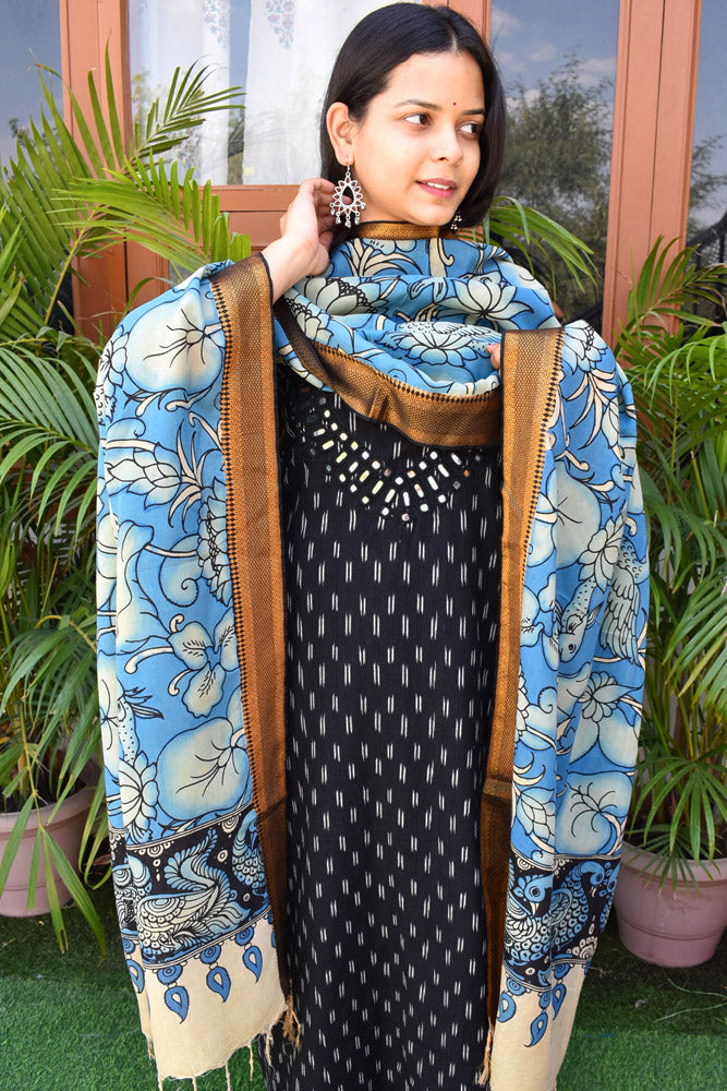 Handwoven Ikkat Cotton Kurta fabric with Kutch Mirror work & Kalamkari Cotton Silk dupatta