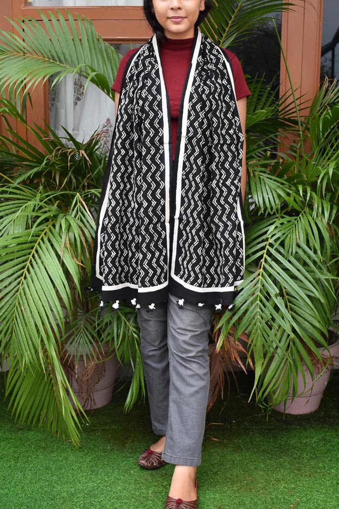 Elegant Hand block printed Cotton stole with cloth tassels
