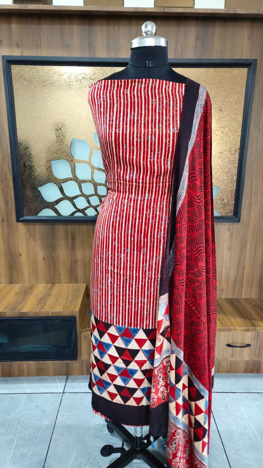 Designer Ajrakh Modal Kurta and Dupatta Set with  Neck yoke and panel design