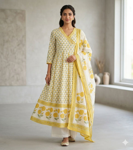 Beautiful Block Printed Anarkali Cotton dress - Kurta, Dupatta & Pant Set