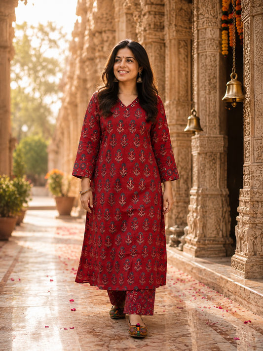 Designer Ajrakh cotton Kurta & Pant With Mirror Work - Size 38 to 46 ( all sizes)
