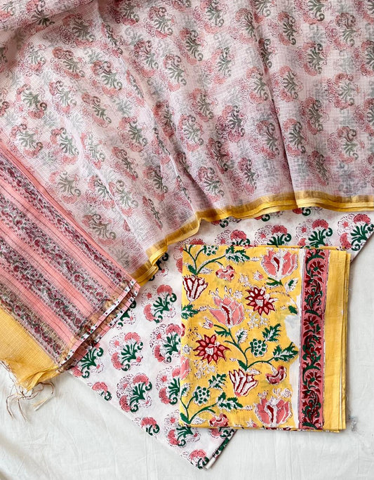 Beautiful Hand Block Printed Cotton Kurta & Kota Dupatta with Cotton Bottom - 3 pc set