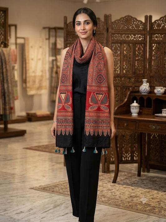 Beautiful Hand Block Printed Ajrakh Modal Silk stole with Tassels