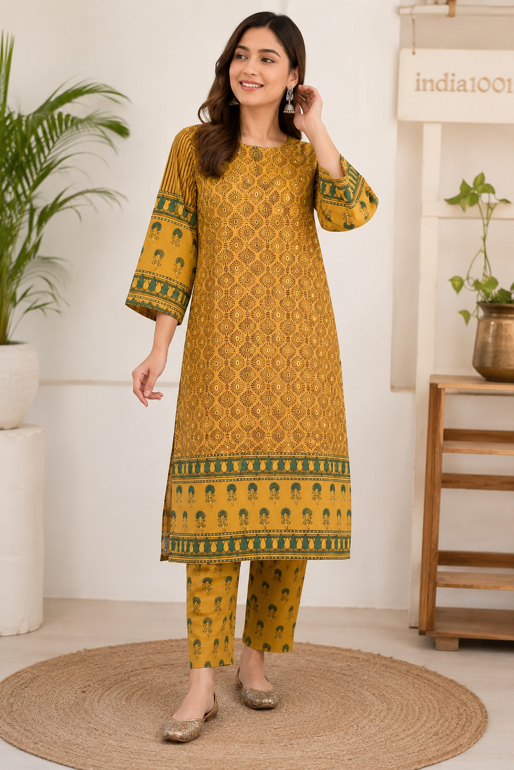 Designer Ajrakh Hand Block Printed cotton Kurta With Mirror Work - Size 38 to 46 ( all sizes)