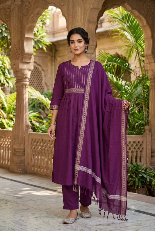 Designer Hand Block Printed Cotton 3 pc Suit  - 40 to 46 size