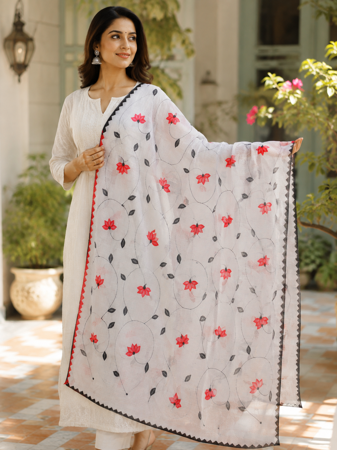 Handcrafted Phool Patti Applique & Hand Crochet work Kota cotton dupatta