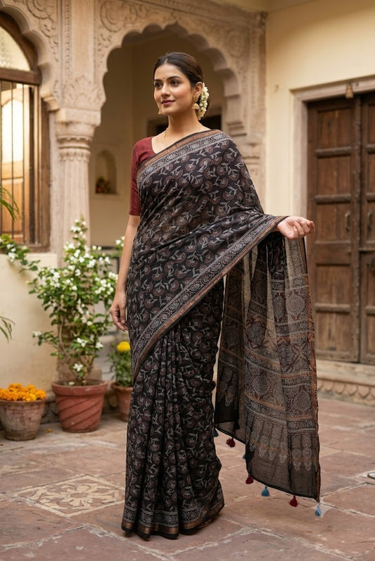 Elegant & Earthy Hand Block Printed Ajrakh Maheshwari Saree