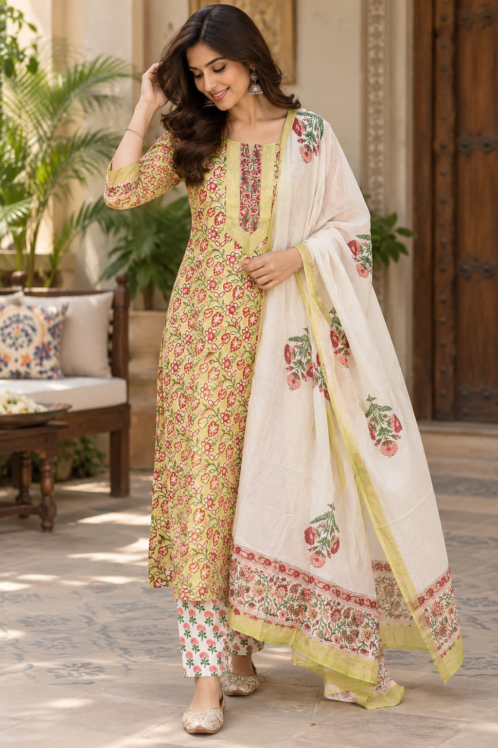 Designer Maheshwari Silk Hand Block Print 3 pc Suit  - 38 to 46 size