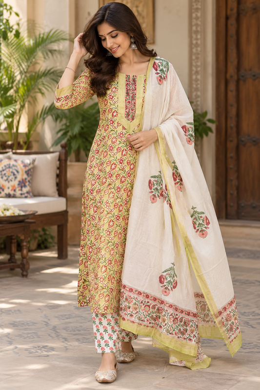 Designer Maheshwari Silk Hand Block Print 3 pc Suit  - 38 to 46 size