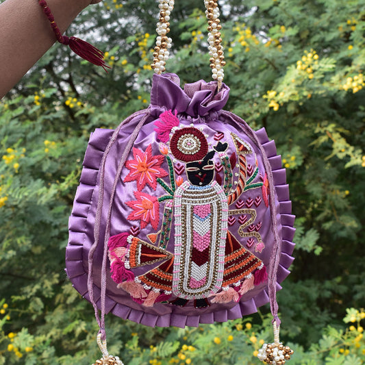 HAND EMBROIDERED SHREENATH JI PEARL & RESHAM , STONE WORK SILK BLEND POTLI BAG FOR GIVEAWAYS FOR WOMEN / RETURN GIFTS & FAVOURS FOR GUESTS