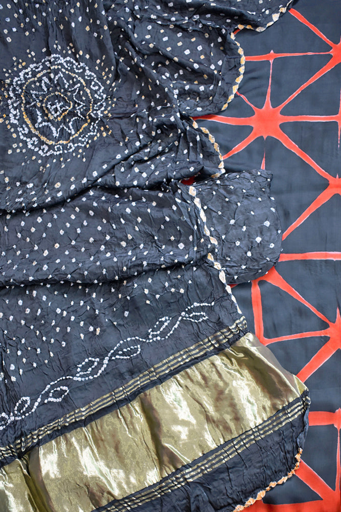 Clamp Dyed Modal Silk kurta with Bandhani bottom and Lagdi Patta Dupatta