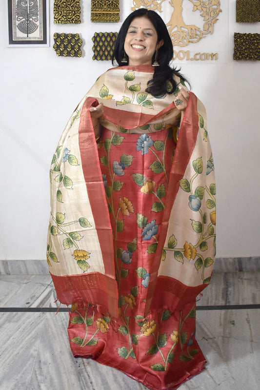 Beautiful Hand Block printed Tussar Silk Kurta Dupatta Set