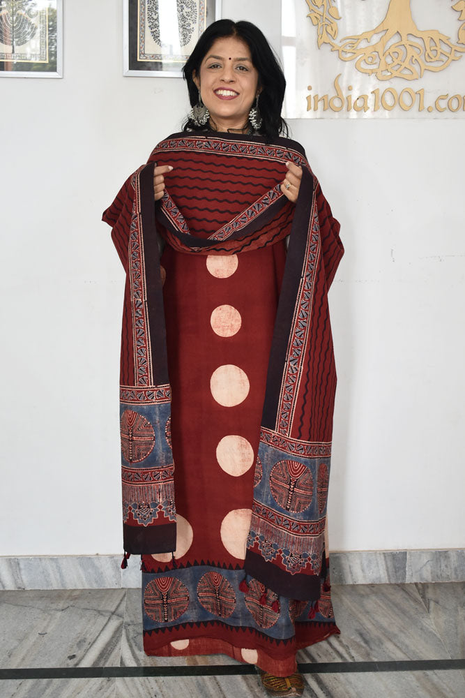 Block Print Ajrakh Cotton Suit with designer Ajrakh neck yoke /panel & Long Stole