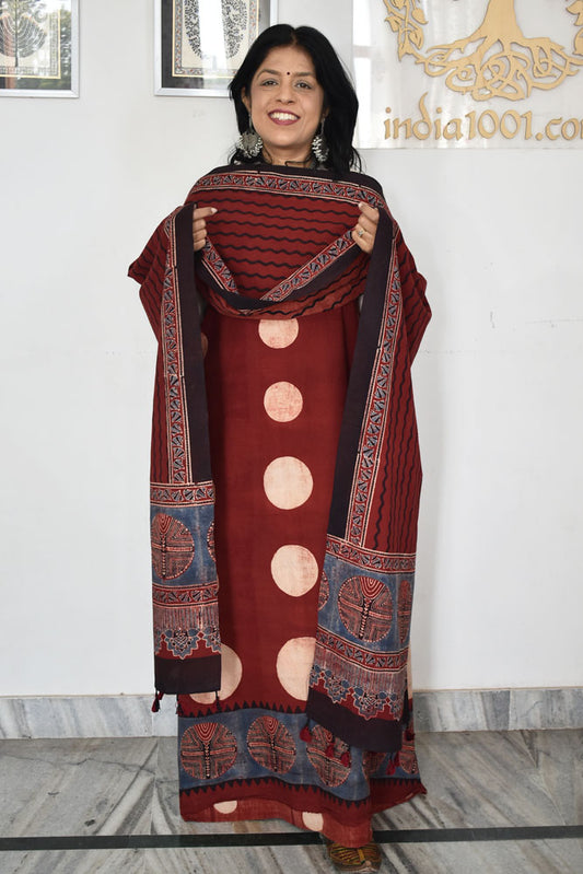 Block Print Ajrakh Cotton Suit with designer Ajrakh neck yoke /panel & Long Stole