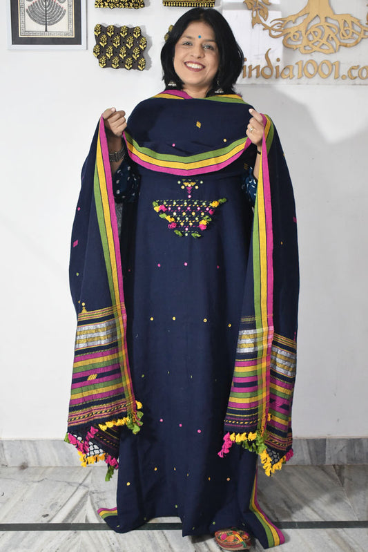 Premium Handwoven Kala Cotton Bhujodi suits with Mirror and Miri work - 3 pc set
