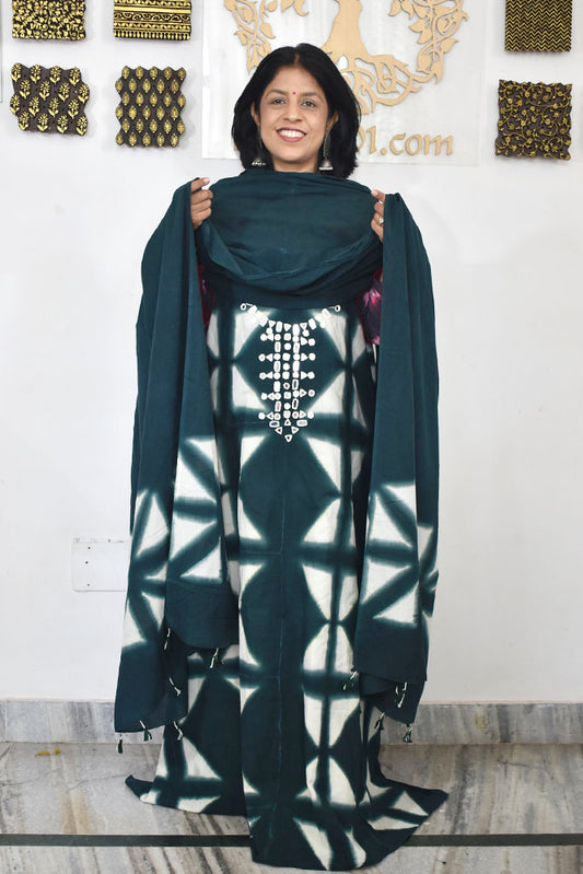 Tie & Dye Clamp Dyed cotton Unstitched Suit with Kutch Mirror work