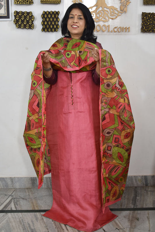 Semi Stitched Block Printed Tussar Silk Dupatta  & Tussar Kurta Fabric
