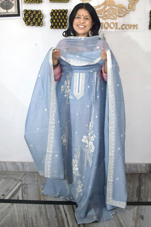 Gorgeous Mul Chanderi Kurta fabric & Dupatta set with embroidery
