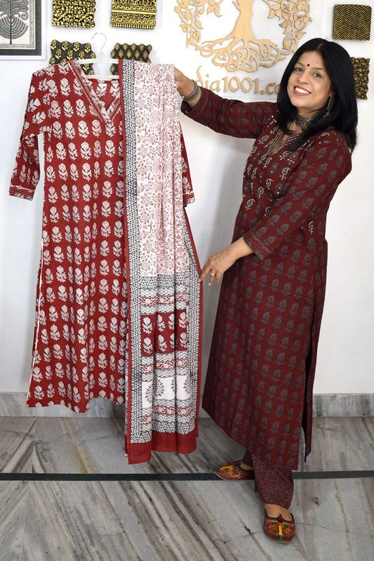 Bagh Hand Block Printed stitched 3 pc Cotton suit With Hand Embroidery - 38 size