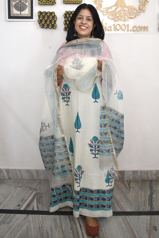 Designer Hand Block Print Cotton suit with Chanderi dupatta