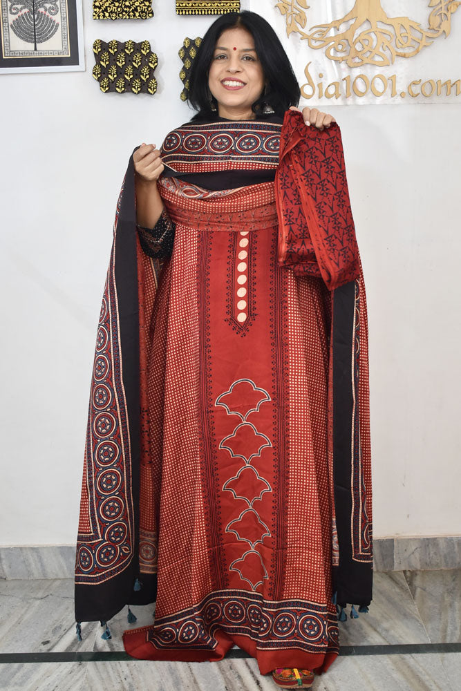 Designer Ajrakh Modal Silk Unstitched suit with  panel design, Ajrakh Dupatta & Bottom- 3 piece set