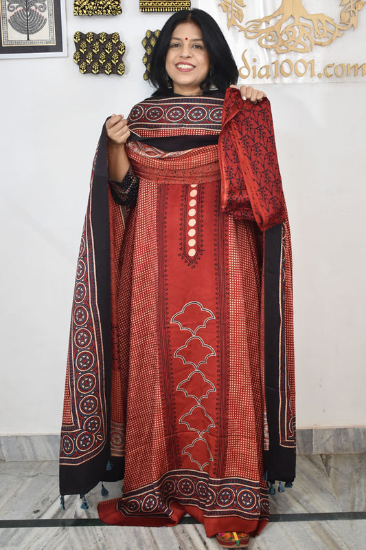 Designer Ajrakh Modal Silk Unstitched suit with  panel design, Ajrakh Dupatta & Bottom- 3 piece set
