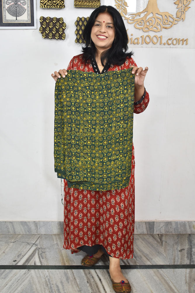Beautiful Modal Silk Ajrakh Hand Block Print Fabric - 3 mtrs cut