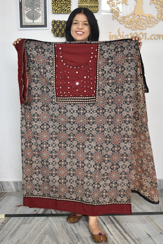 Designer Ajrakh Cotton Kurta Fabric with Kutch Mirror Work patch