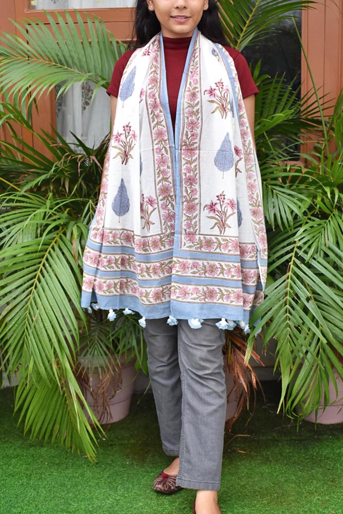 Elegant Hand block printed Cotton stole with cloth tassels