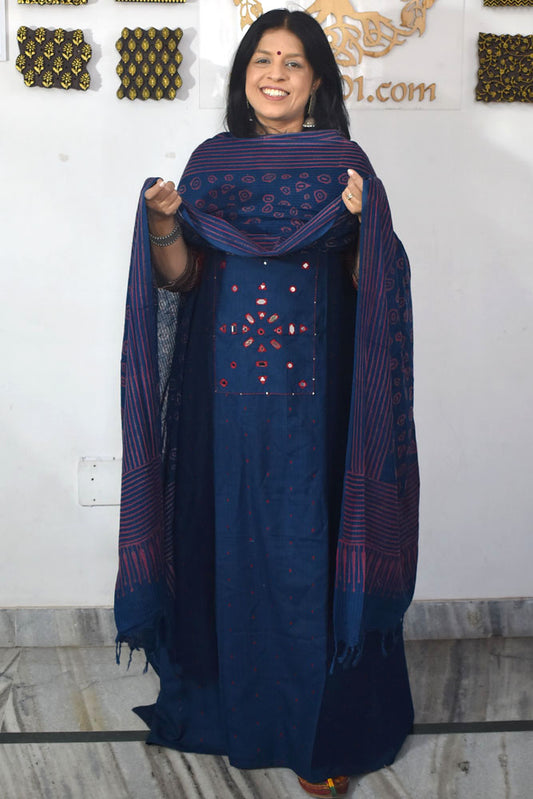 Elegant Hand Block print cotton suit with Mirror Work & Cotton dupatta
