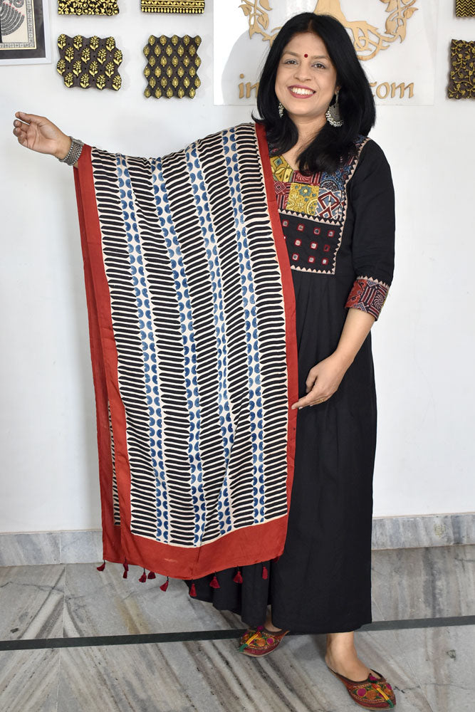 Beautiful Hand Block Printed Ajrakh Modal Silk stole with Tassels