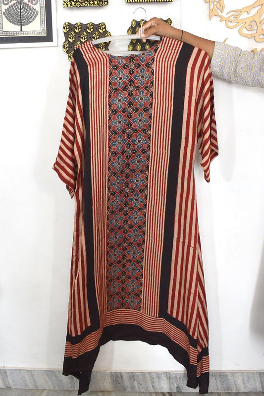 Beautiful Hand Block Printed Ajrakh Modal Silk Kaftan Kurta, Size 40 to 44