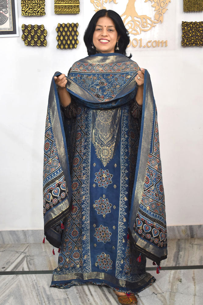 Designer Ajrakh Dola silk suit with woven bootis, neck pattern & borders - 3 pc suit
