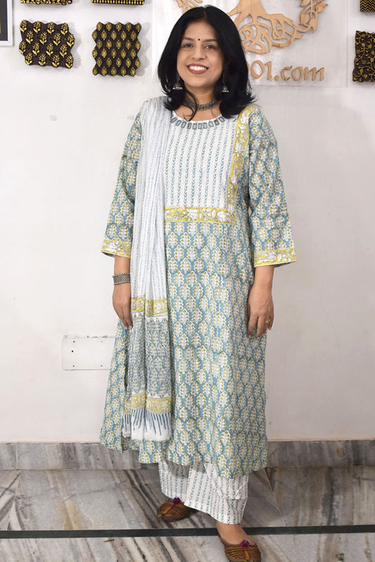 Hand Block Printed stitched 3 pc Cotton suit with Kutch Mirror Work Size  - 40