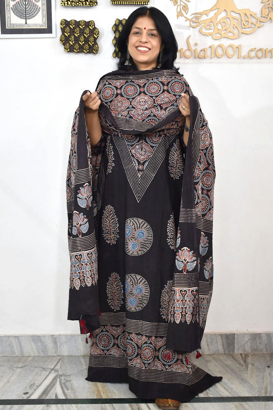 Block Print Ajrakh Cotton Suit with designer Ajrakh neck yoke /panel & Dupatta