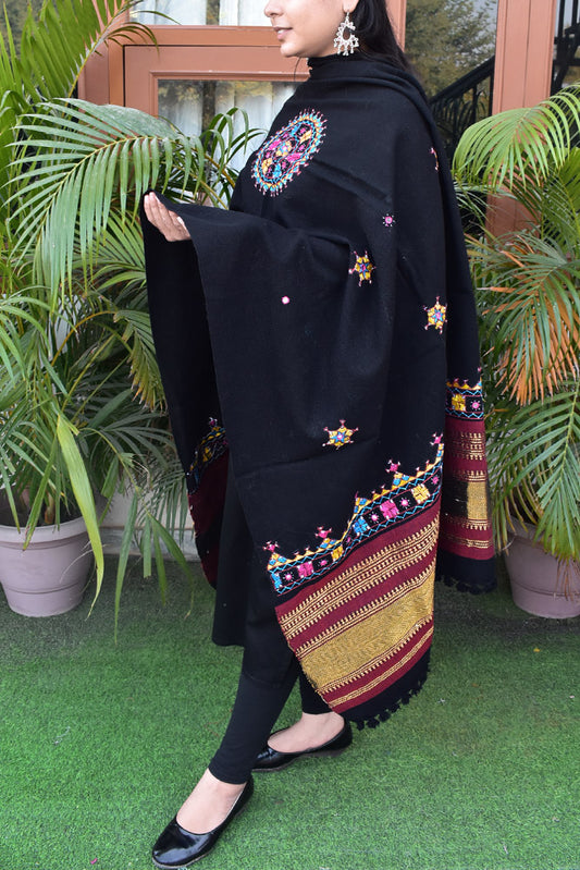 Handwoven Bhujodi Intricate Hand Embroidery &Hand  Mirror Work Wool Stole / Shawl