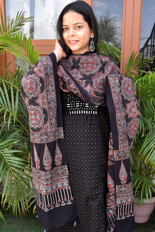 Handwoven Cotton Kurta fabric with Kutch Mirror work & Ajrakh Cotton Dupatta