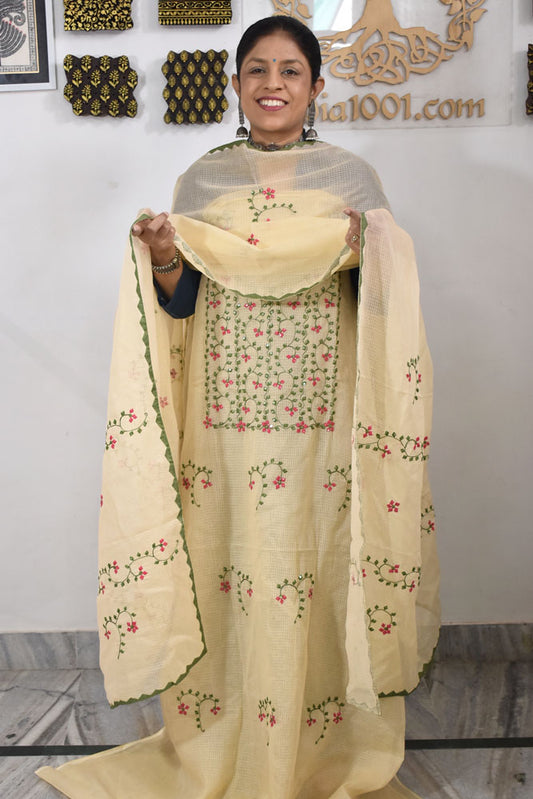 Elegant Kota Kurta & Dupatta set with Hand done Heavy Phool patti work With Cotton Bottom