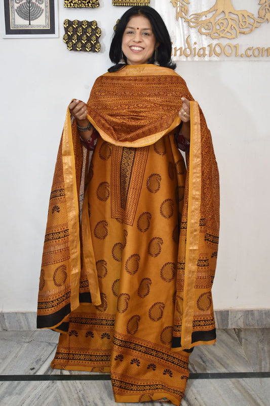 Bagh Hand Block Printed unstitched 3 pcs Handwoven Maheshwari suit fabric with Zari borders