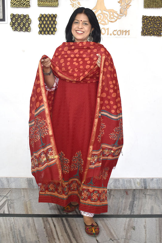 Elegant Hand Block print cotton suit with Schiffli work & Chanderi dupatta